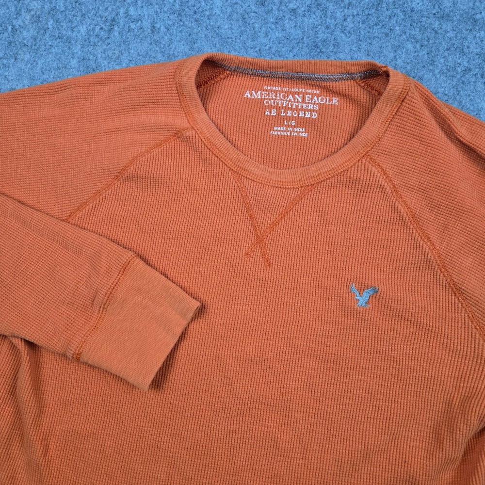 American Eagle Thermal Shirt Mens Large Orange Thermal Waffle Knit Long Sleeve